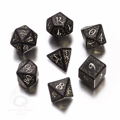 Simply Amazing! Q-Workshop Polyhedral 7-Die Set: GLOW IN DARK Carved Elvish Dice Set (Elven) Black with Glow-in-the-Dark Numbers