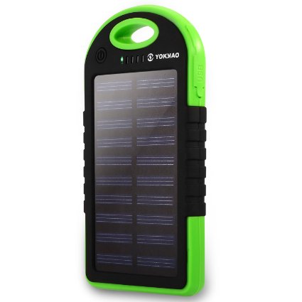 Power Bank, Yokkao® 5000mAh Solar Charger Dual USB Ports Waterproof/ Shockproof/ Dustproof Portable External Battery Charger with LED (Green)