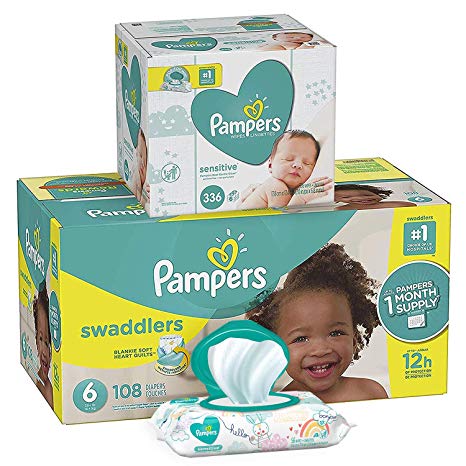 Pampers Swaddlers Disposable Baby Diapers Size 6, 108 Count and Baby Wipes Sensitive Pop-Top Packs, 336 Count