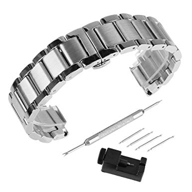 Bewish Polished & Brushed Finish Silver Stainless Steel Watch Band Butterfly Buckle Clasp Tool