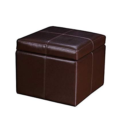Adeco Bonded Leather Contrast Stitch Square Cube Ottoman Footstool, 16", Tan