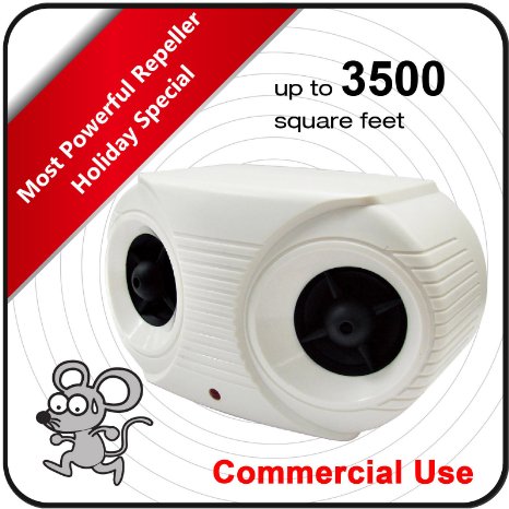Ultrasonic Electronic High Power Pest Repeller. Repells Mice & Rats. Adjustable Frequency, From 18,000hz to 32,000hz. Coverage up to 3,500 Sf. Perfect for Warehouse, Restaurant, and Bakery use. Recommend for Garages, Basements, Attics and Storage spaces. For home use please search "Pest UP-11KH".