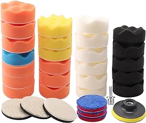 Drill Polishing Kit for Car, 3''(80mm) 32Pcs Car Foam Buffing Pads, Wool Pads Drill Buffing Pad, Wax Buffer Polisher Attachment with 5/8-11 Thread Backing pad & Adapters