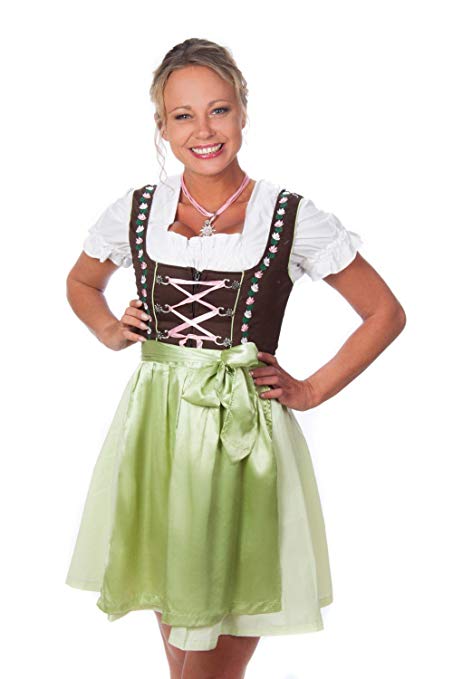 Edelnice Trachtenmoden Bavarian Women's Dirndl Dress 3-Pieces with Apron and Blouse Green Pink