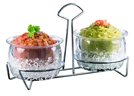 ChefVentions Twin Dip Bowls on Ice - 5 Piece Set, Stainless Steel Metal Stand, Holds Fruit, Dip, Salad, Dessert, BPA Free Acrylic