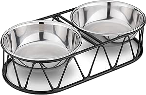 Navaris Stainless Steel Dog Bowls - Cat Food Bowls with Stand - Elevated Double Bowl and Holder for Cats & Small Dogs Raised Metal Wire Stand - Black