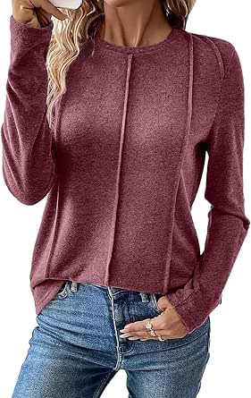 EVALESS Womens T Shirts Trendy Dressy Casual Long Sleeve Tops Crewneck Pleated Knit Solid Loose Blouses Outfits