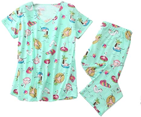 Women Pajama Set Sleepwear Tops with Capri Pants Casual and Fun Prints Pajama Sets