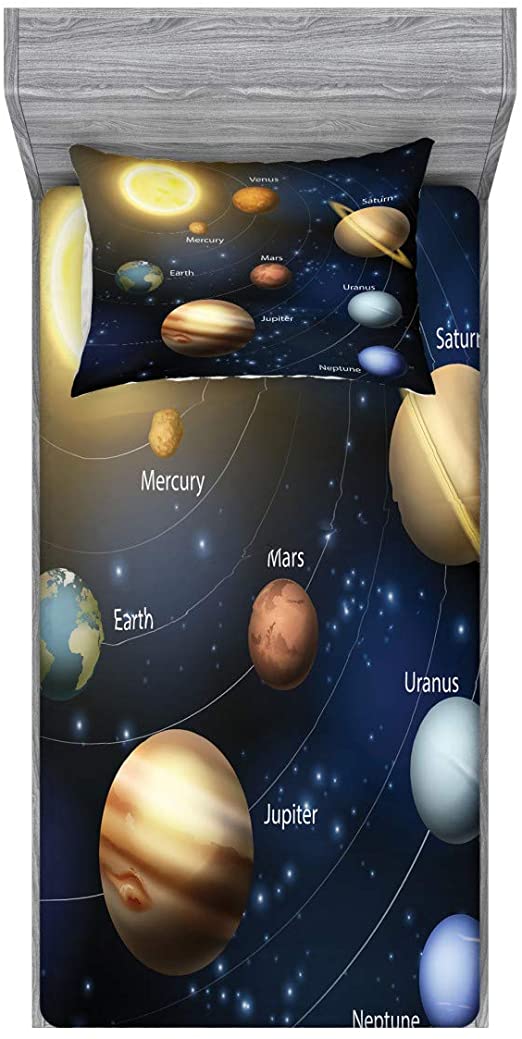 Ambesonne Educational Fitted Sheet & Pillow Sham Set, Realistic Illustration of Solar System Sun Planets Orbit Astronomy Outer Space, Decorative Printed 2 Piece Bedding Decor Set, Twinxl, Black