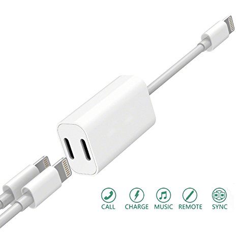 iPhone 7 Adapter & Splitter, Dual Lightning Headphone Audio & Charge Adapter for iPhone 7 / 7 Plus, Compatible for iOS10.3 With Music Control and Phone Communication