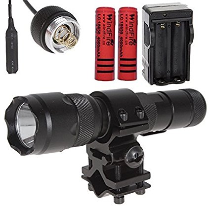 WindFire Cree Xm-l T6 LED 1000 Lumens 1 Mode Flashlight with Remote Switch Pressure Wire Switch Extension Cable and Flashlight & laser mount for Gun/Rifle/Shotgun plus WindFire 18650 Rechargeable Batteries and AC Charger