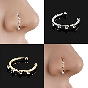 Sumanee 15MM Crystal Stainless Steel Nose Ring Cool Punk Body Piercing Bone Stud Jewelry (silver)