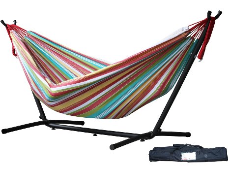 Vivere Double Hammock with Space Saving Steel Stand, Salsa