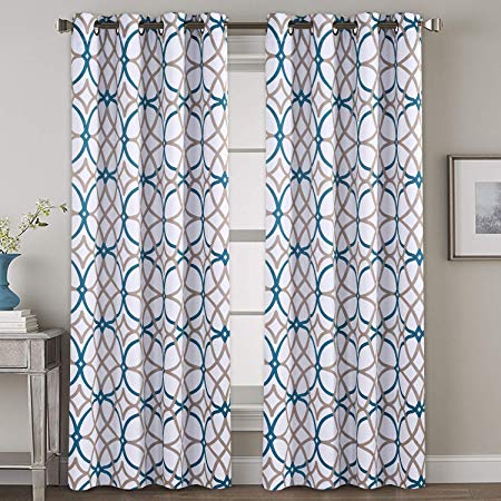 H.VERSAILTEX Bedroom Blackout Curtains Panels - All Season Thermal Insulated Teal and Taupe Geo Pattern Grommet Top Blackout Curtains/Drapes/Panels for Living, 2 Panels, W52 x L84 inch