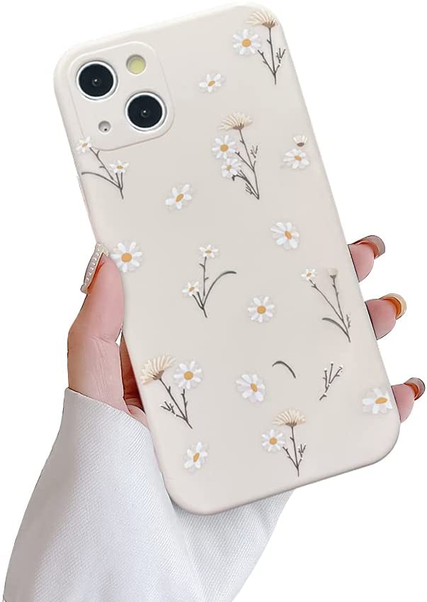 Ownest Compatible with iPhone 13 Case,Cute Daisy Flower Pattern Design Silicone Vintage Floral for Women Girls Soft TPU Anti-Scratch Protective Cases for iPhone 13-White