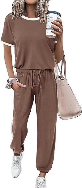 MASCOMODA Womens 2 Piece Outfits 2024 Summer Tracksuit Sets Short Sleeve Tops Long Pants Jogger Lounge Set