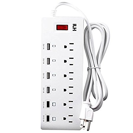 Qisc JP&US American Standard 0.824 Square MM 6 Outlet Power Strip with USB Charging Port White