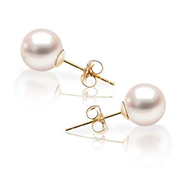 PAVOI 14K Gold AAA  Quality Round White Cultured Akoya Pearl Earrings for Women