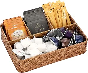 Hipiwe Tea Bag Sugar Packet Holder Woven Seagrass Storage Basket 4 Sections Wicker Pantry Organizer Hand-Woven Divided Basket Coffee Condiment Organizer for Drawer Shelf Countertop Caramel