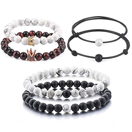 Believe London® Distance Bracelets with Jewellery Bag & Meaning Card | Strong Elastic | Friends Relationship Couples His Hers Black Agate Onyx White Howlite