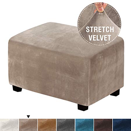 H.VERSAILTEX Real Velvet Plush 1 Piece Form Fit Stretch Rectangle Folding Storage Covers Ottoman Slipcovers Removable Footstool Protect Footrest Covers Elastic Bottom, Machine Washable(Large, Taupe)