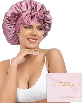 AWAYTR Silk Bonnet for Sleeping Women 100% Mulberry Silk Bonnet with Band 2 Layer Reversible Hair Bonnet Sleeping Hair Wrap