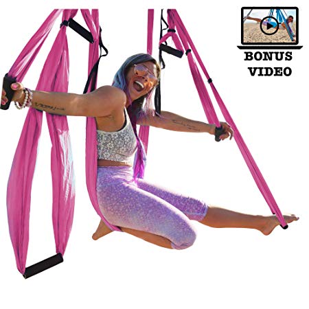 Yoga Swing   Free Aerial Yoga Inversion Video - Ultra Strong Aerial Hammock / Yoga Trapeze / Anti-gravity Sling - Extra Large Comfy Foam Handles - with Premium Carabiners, Extension Straps, Pose Guide