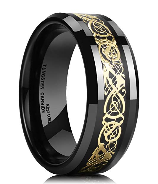 King Will Dragon 8mm Mens Black Tungsten Ring Gold Celtic Dragon Comfort Fit Wedding Band Engagement Ring