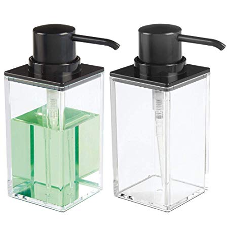 mDesign Square Plastic Refillable Liquid Soap Dispenser Pump Bottle for Bathroom Vanity Countertop, Kitchen Sink - Holds Hand Soap, Dish Soap, Hand Sanitizer, Essential Oils - 2 Pack - Clear/Black