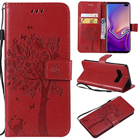 Galaxy S10 Plus Case,Samsung S10 Plus Case,Wallet Case,PU Leather Case Floral Tree Cat Embossed Purse with Kickstand Flip Cover Card Holders Hand Strap for Samsung Galaxy S10 Plus Red