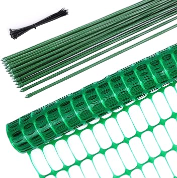 Garden Fence Animals Barrier Set: Ohuhu 3.4x100 FT Plastic Fence Roll with 25-Pack 4 FT Stakes Temporary Safety Netting, Reusable Pool Fencing Snow Fence Poultry Fences for Deer Chicken Dog Yard