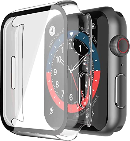 [2 Pack] Langboom Transparent Hard Case Compatible for Apple Watch Series 7 45mm with Tempered Glass Screen Protector, HD Clear Ultra-Thin Overall Protective Cover for iWatch