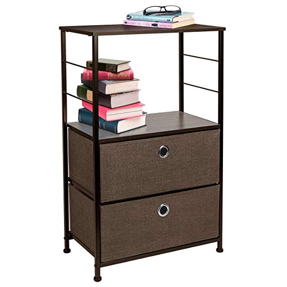 Sorbus Nightstand 2-Drawer Shelf Storage - Bedside Furniture & Accent End Table Chest for Home, Bedroom, Office, College Dorm, Steel Frame, Wood Top, Easy Pull Fabric Bins (Brown)