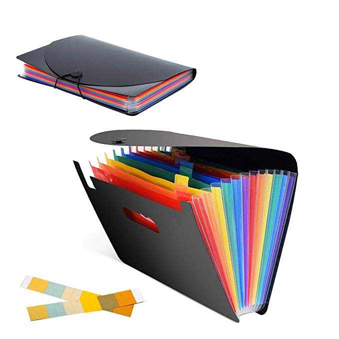 Vindar Expanding Files Folder, 12 Pockets A4 Paperwork Office File Organizer, Large Document Wallets Stand Accordion File Box, Multicolor Rainbow, Waterproof Plastic, for Office/Business/School