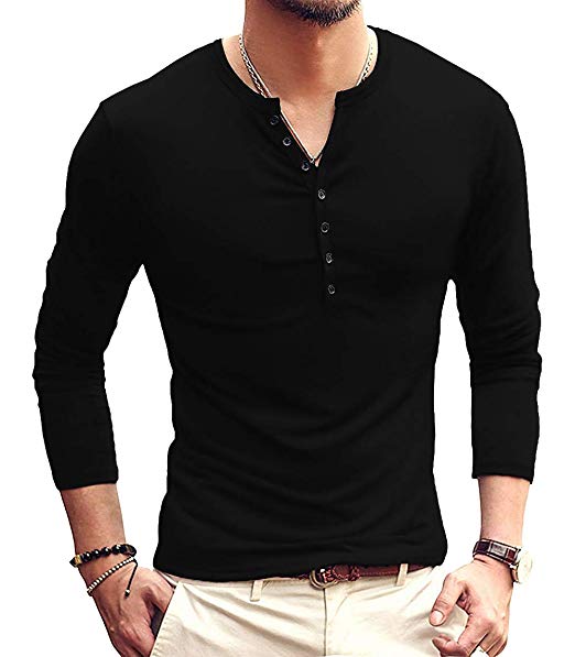 YTD Mens Casual Slim Fit Basic Henley Long Sleeve Fashion T-Shirt