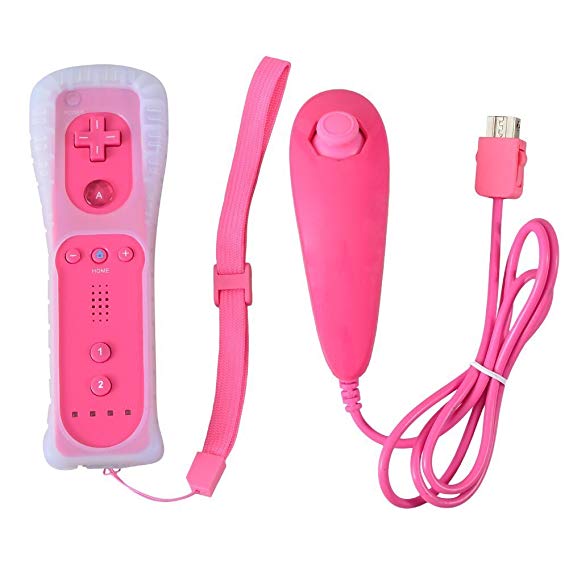 Jozabova New Remote and Nunchuck Controller Combo Set Bundle Remote and Silicon Case   Wrist strap For Wii (WII, Pink)