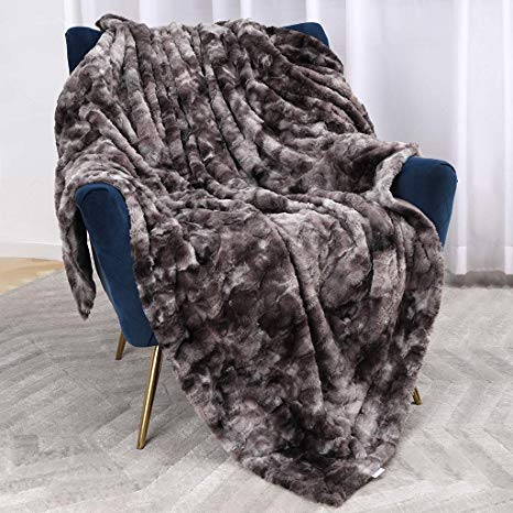 Bonzy Home Luxury Faux Fur Bed Blanket, Super Soft Fuzzy Cozy Warm Fluffy Plush Hypoallergenic Reversible Blankets for Bed Couch Chair Fall Winter Spring Living Room (60 x 80) - Gray Tie Dye