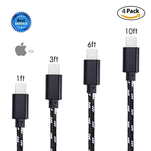 GOPROOF 4Pack for 1FT 3FT 6FT 10 FT Nylon Lightning Cable USB Syncing and Charging Cable Cord Charger for iPhone 7,7 Plus,6S,6 Plus,SE,5S,5,iPad,iPod Nano 7(each 1pcs) (black white)