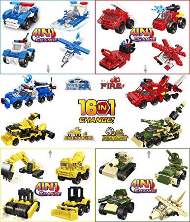 Cool Party Favors for Kids,Goodie Bags, Prizes, Birthday - Police,Military,Fire Truck,Construction Series Mini Toy Building Block Sets(16Pack,4In1&16In1)
