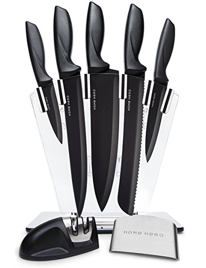 HomeHero Knife Set – 6 Piece Stainless Steel [Premium] Professional Kitchen knives with Sharpener, Block and safety Finger Guard