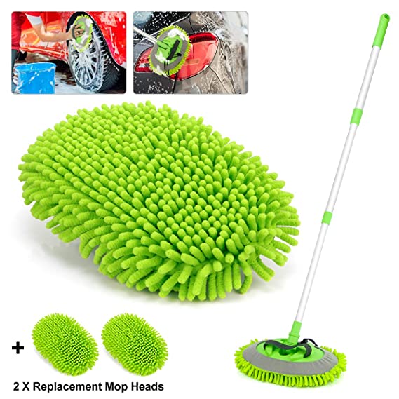 Car Wash Mop Mitt 2-in-1 Chenille Microfiber Auto Dust Brush Windshield Cleaner Tool with Extendable Handle,Not Hurt Paint Scratch Free Car Cleaning Tool with 2 Reusable Microfiber Mop Head (Green)