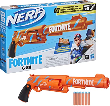 NERF Fortnite 6-SH Dart Blaster -- Camo Pulse Wrap, Hammer Action Priming, 6-Dart Rotating Drum, Includes 6 Official Elite Darts