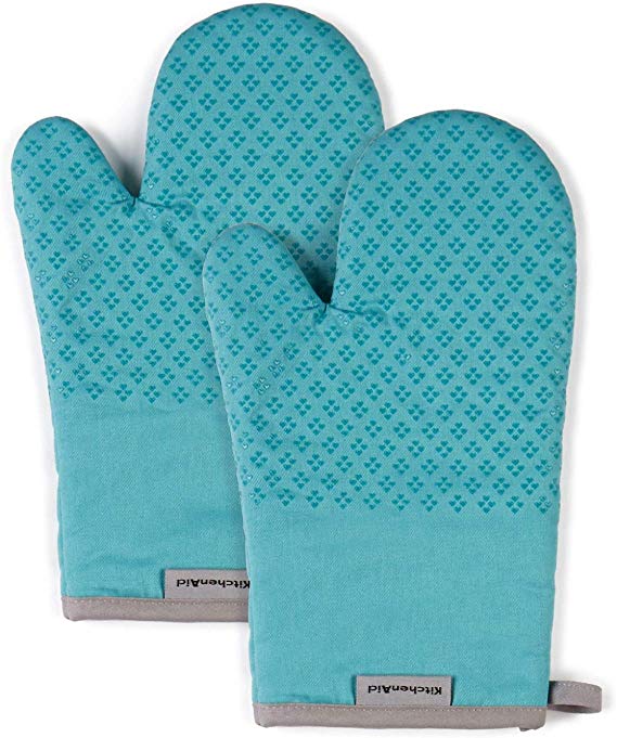 KitchenAid Asteroid Cotton Oven Mitts with Silicone Grip, Set of 2, Aqua