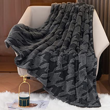 HT&PJ Throw Blanket Super Soft Fluffy Houndstooth Sherpa Fleece Blankets Decorative for Bed, Sofa, Couch - Dark Grey, 50x60in