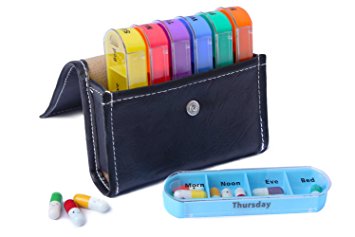 XINHOME Pill Organizer Box Weekly Case– Large Travel Medication Reminder Daily AM PM, Day Night 7 Compartments-Includes Black Leather PU Carrying Case