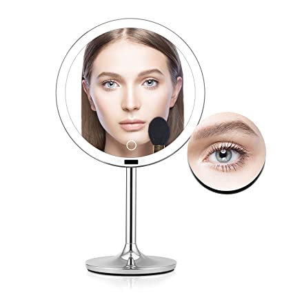 BRIGHTINWD 8.5" 1x/5x Lighted Makeup Mirror with Magnification, Makeup Mirror with Lights, Lighted Makeup Mirror with 77 LED Lights, Sensor ON/OFF System, Brightness Control, Rechargeable and Cordless