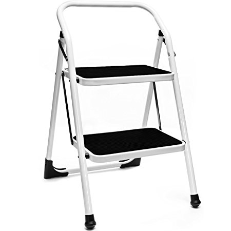 Delxo Lightweight Folding Step Ladder Stool Steel 330lbs White and Black Work Two Step Utility Stool(WK2062A)