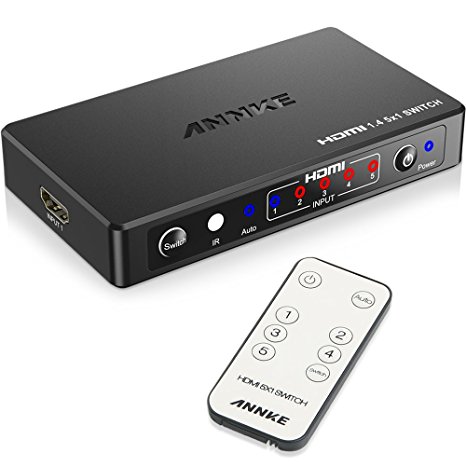 ANNKE HDMI Switch, Intelligent 5 Port 5X1 HDMI Switch Splitter with IR Remote Control, HDMI Switcher Box, Supports 4K, 1080P, 3D