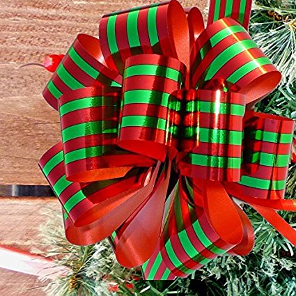 Christmas Gift Wrap Pull Bows -5" Wide, Set of 6, Metallic Red Green Stripe