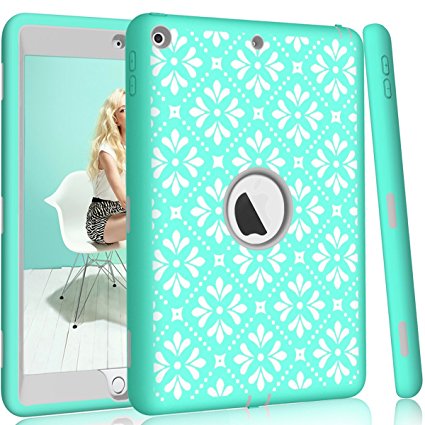 iPad 5 A1822/A1823 Case, Hocase High-Impact Shock Absorbent Rubber Hard PC Bumper Dual Layer Protective Case with Cute Floral Pattern and Kickstand for iPad 5th Generation 2017 - Mint Green / Gray